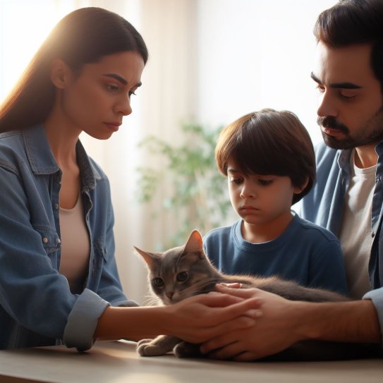Eltern trauern mit ihrem Kind über die verstorbene Katze